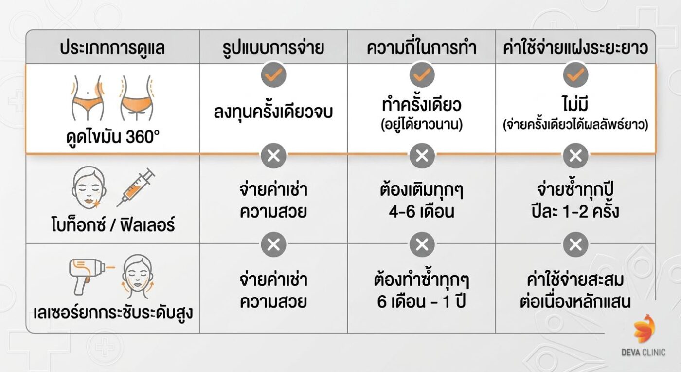 เปรียบเทียบโปรโมชั่นดูดไขมัน : ดูดไขมัน (ซื้อขาด) VS หัตถการอื่น (จ่ายค่าเช่า)