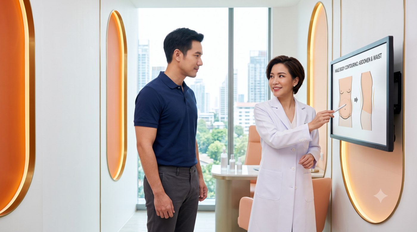 ผู้ชายปรึกษาแพทย์เรื่องดูดไขมันปรับสัดส่วนหน้าท้องและเอว