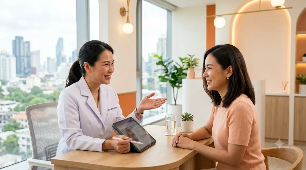 คนไข้ปรึกษาแพทย์เรื่องดูดไขมันที่คลินิกในกรุงเทพ บรรยากาศน่าเชื่อถือ
