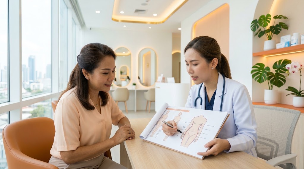 แพทย์อธิบายเรื่องสัดส่วนและเส้นโค้งของร่างกายในการวางแผนดูดไขมัน