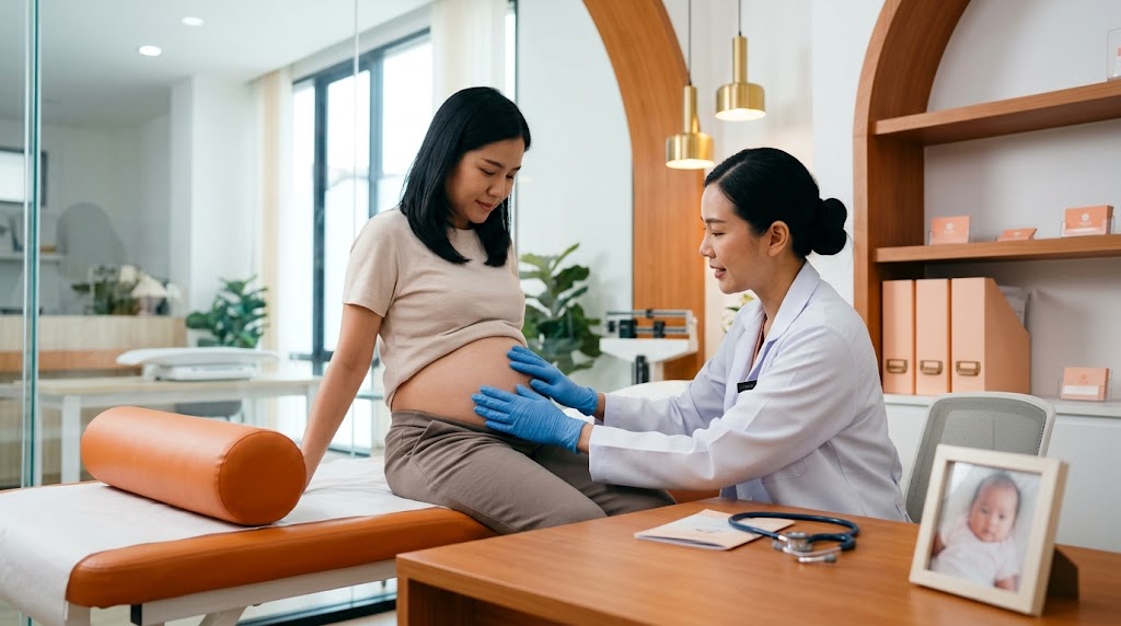 แพทย์ประเมินหน้าท้องคุณแม่หลังผ่าคลอดก่อนพิจารณาดูดไขมัน