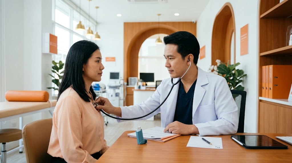 แพทย์ตรวจประเมินการหายใจของคนไข้โรคหอบหืดก่อนดูดไขมัน