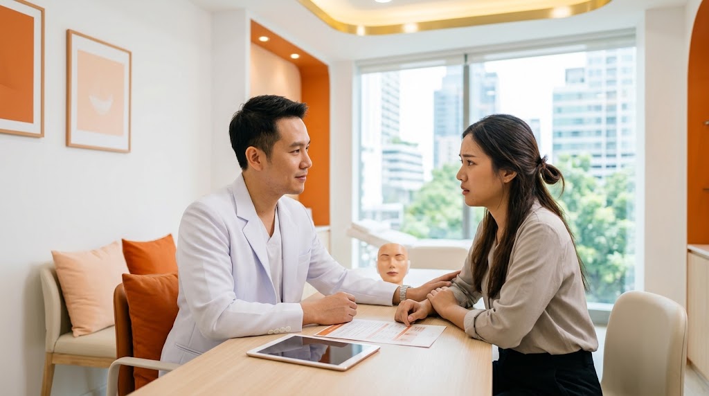 แพทย์อธิบายขั้นตอนอย่างใจเย็นให้คนไข้ที่กังวลเรื่องความเจ็บ