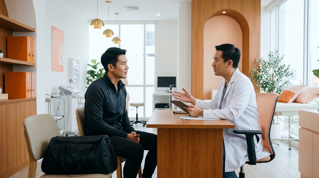 แพทย์วางแผนการกลับไปออกกำลังกายกับคนไข้ที่ฟิตหลังดูดไขมัน